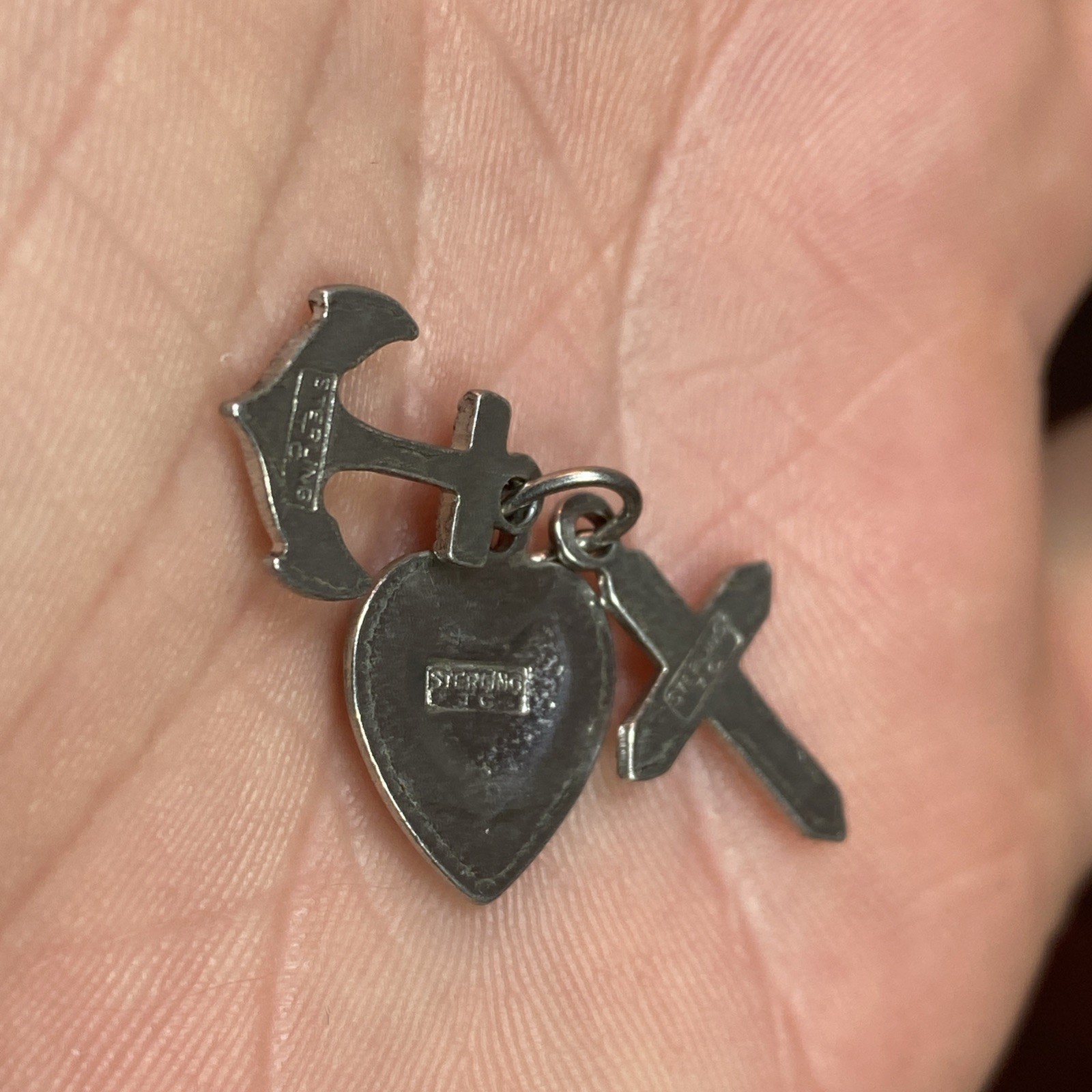 signed TC 925 Sterling Silver Vtg 3 Virtues Anchor Heart Cross Charm Pendant