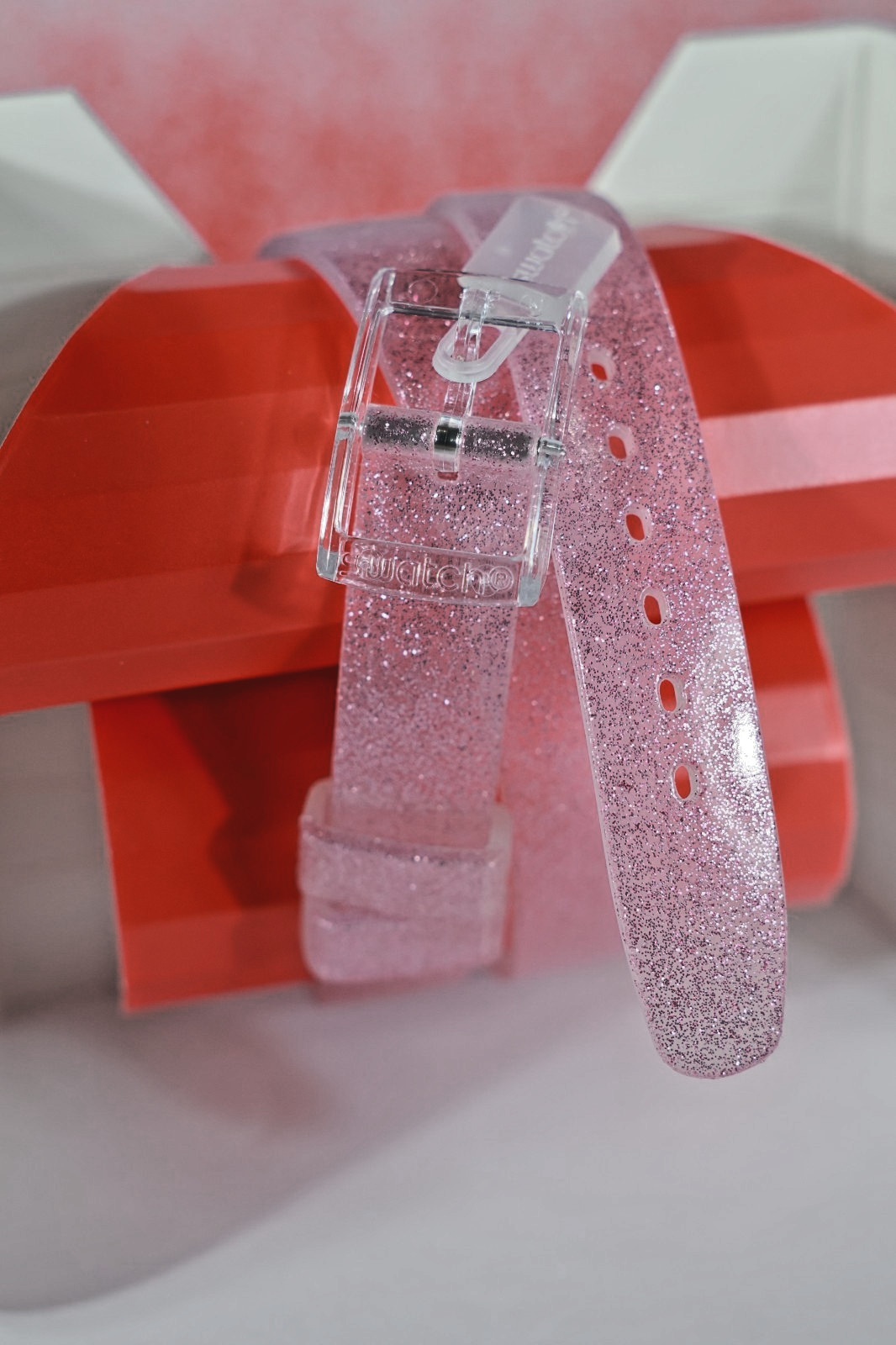 New Swiss Swatch Brillante Grey Dial Pink Glitter Silicone Watch LP132 25MM Wrap