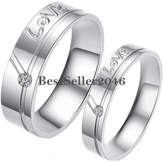 Silver Stainless Steel ” Love ” Engraved Promise Ring Engagement Wedding Band