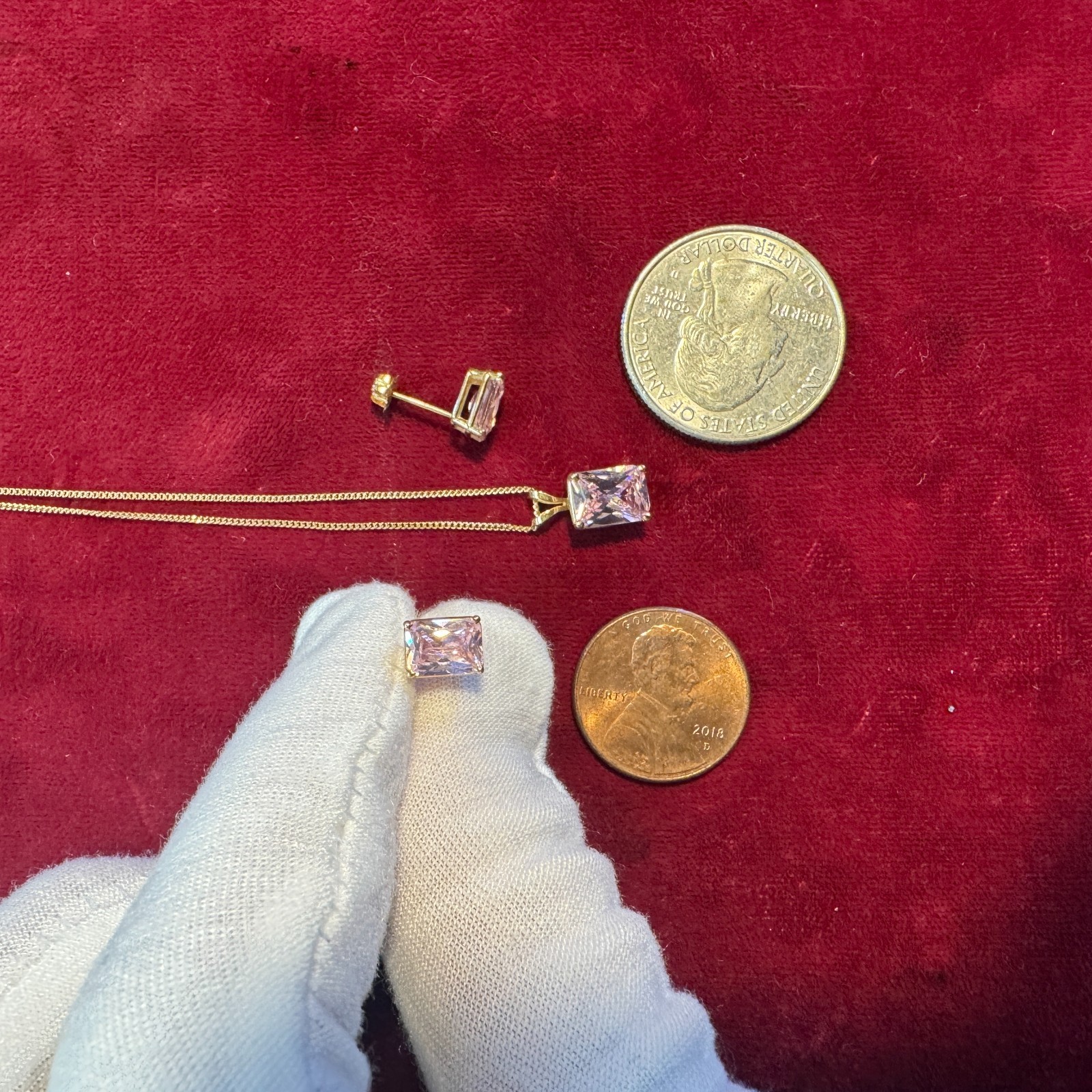 Solid 10k Gold Earrings and Necklace / Pink Tourmaline / 3.2 Grams / 18″ Long