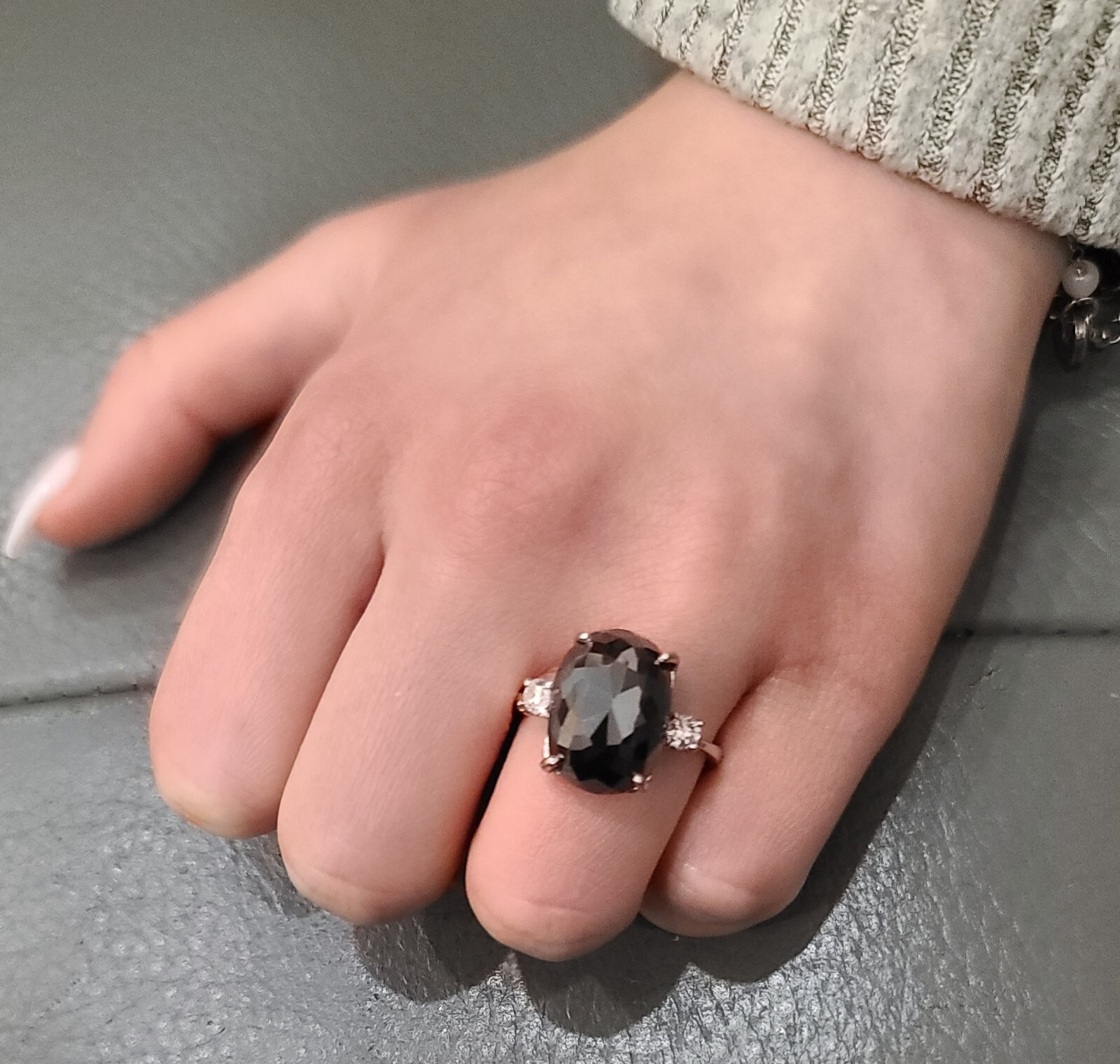 14k White Gold Engagement Ring 9.55ct. Black Diamond Oval shape