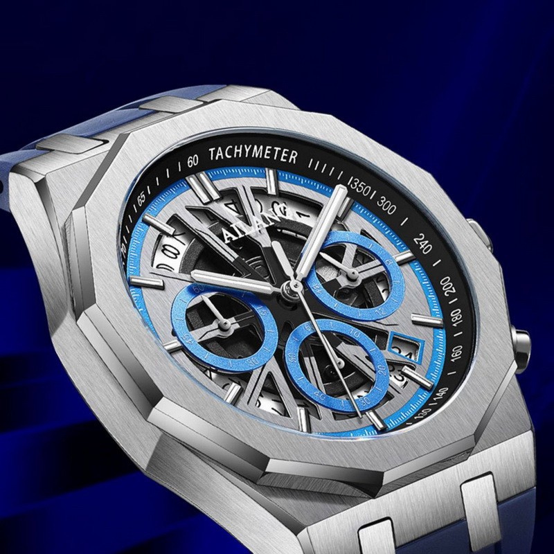 AILANG Men Skeleton Dodecagonal Multifunction Chronograph Luminous Quartz Watch