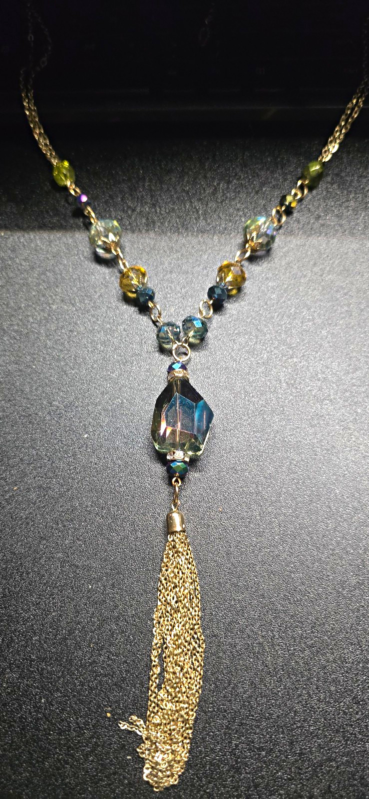 Gold Tone Beaded Necklace Blue Hexagon Crystal Pendant Tassel Cable 31-36″