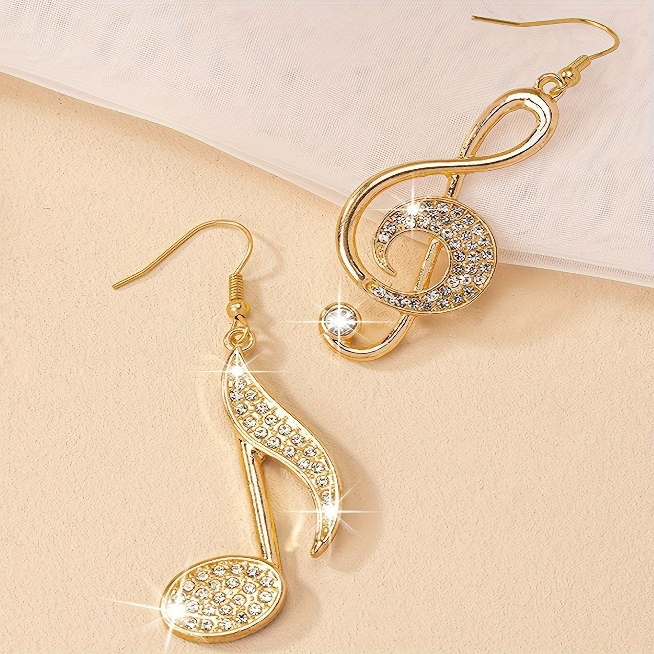 2Pcs Asymmetric Musical Note Earrings Gold Rhinestone Dangle Drop Earrings
