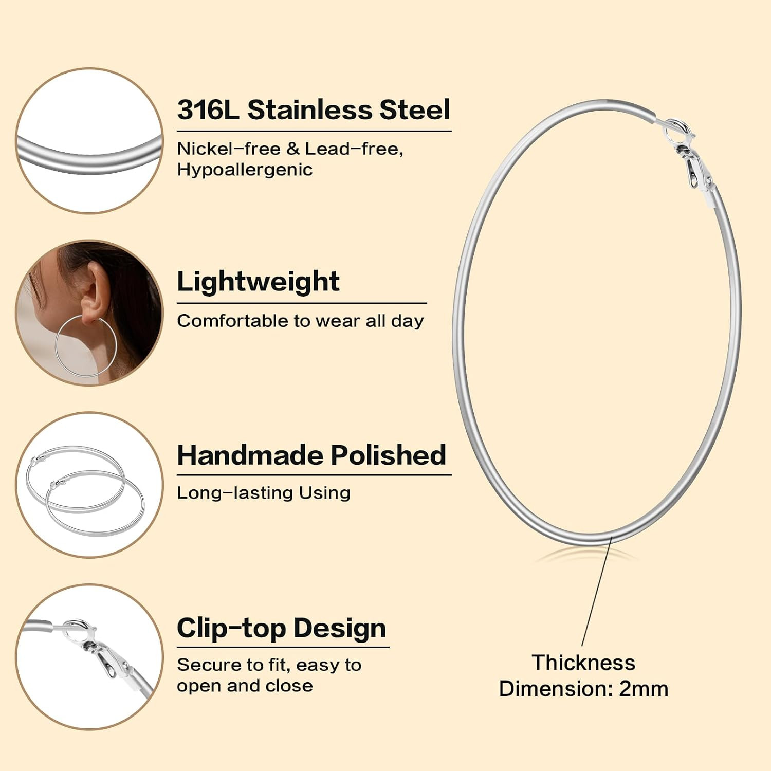70Mm Large Hoop Earrings for Women, Silver Gold Stainless Steel Big Hoops | 14 G