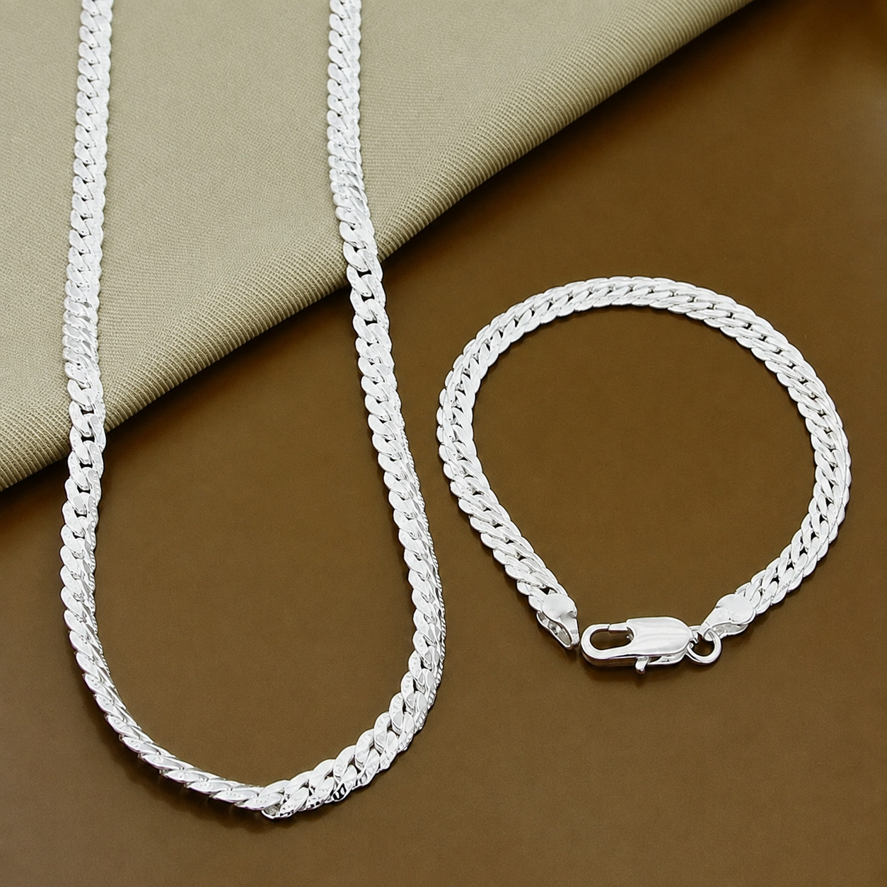 Juego de Collar y Pulsera de Plata de Ley 925 para Hombre y Mujer Cadena Elegant