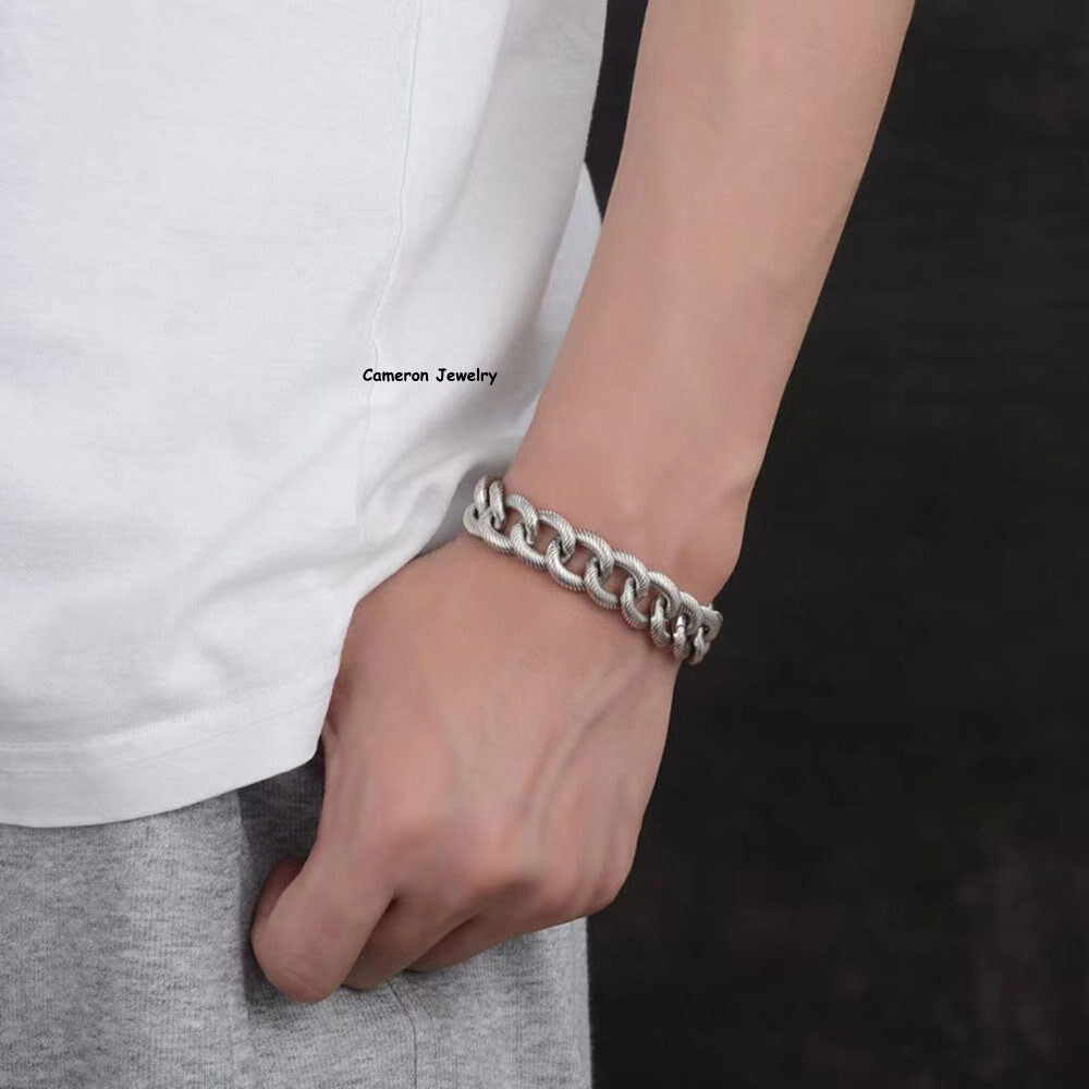 Pure S925 Sterling Silver Bracelet 14mm Feather Curb Link Chain 7.1-8.7inch