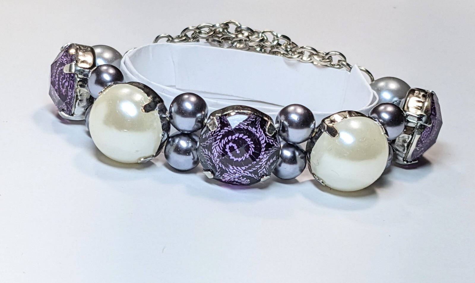 Flower Bracelet Chain Bracelet Woman Rose Purple Silver Stretch Beaded 6 pcs