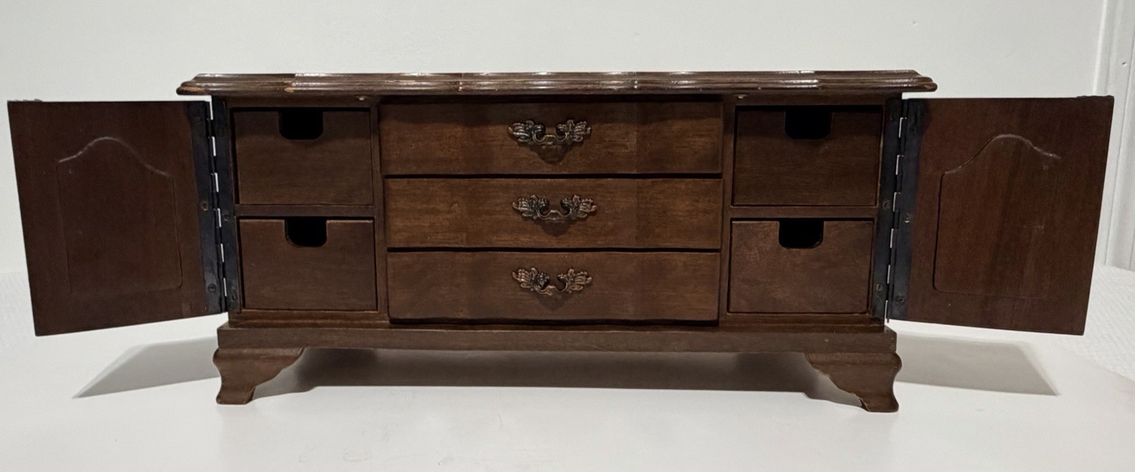 Vintage Wood Jewelry Box Blue Velvet Lined Plays Music Table Top 7 Drawers Doors