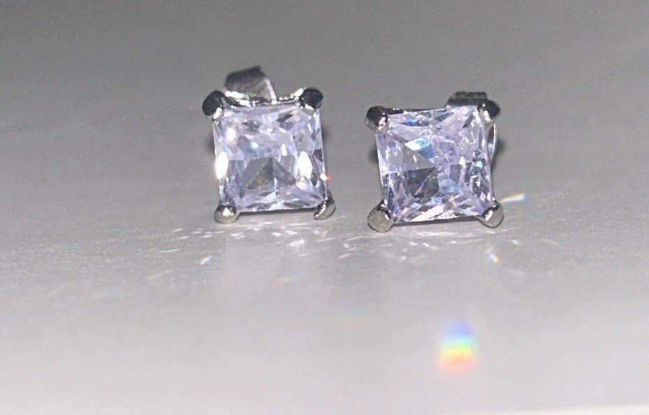 8mm Princess Cut Zircon Stud Earrings Silver Plated Diamond Alternative