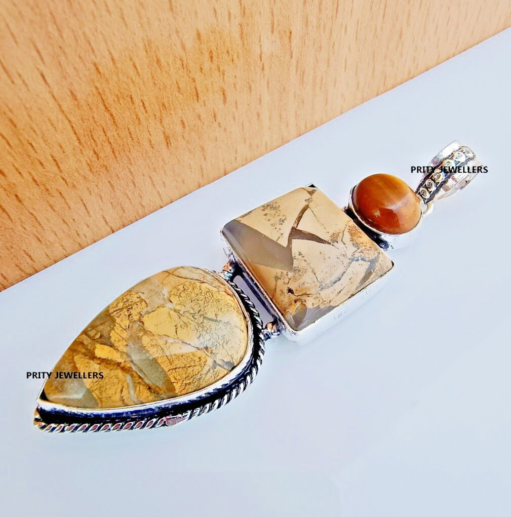 Beautiful Picture Jasper With Tiger Eye 925 Sterling Silver Handmade Pendant