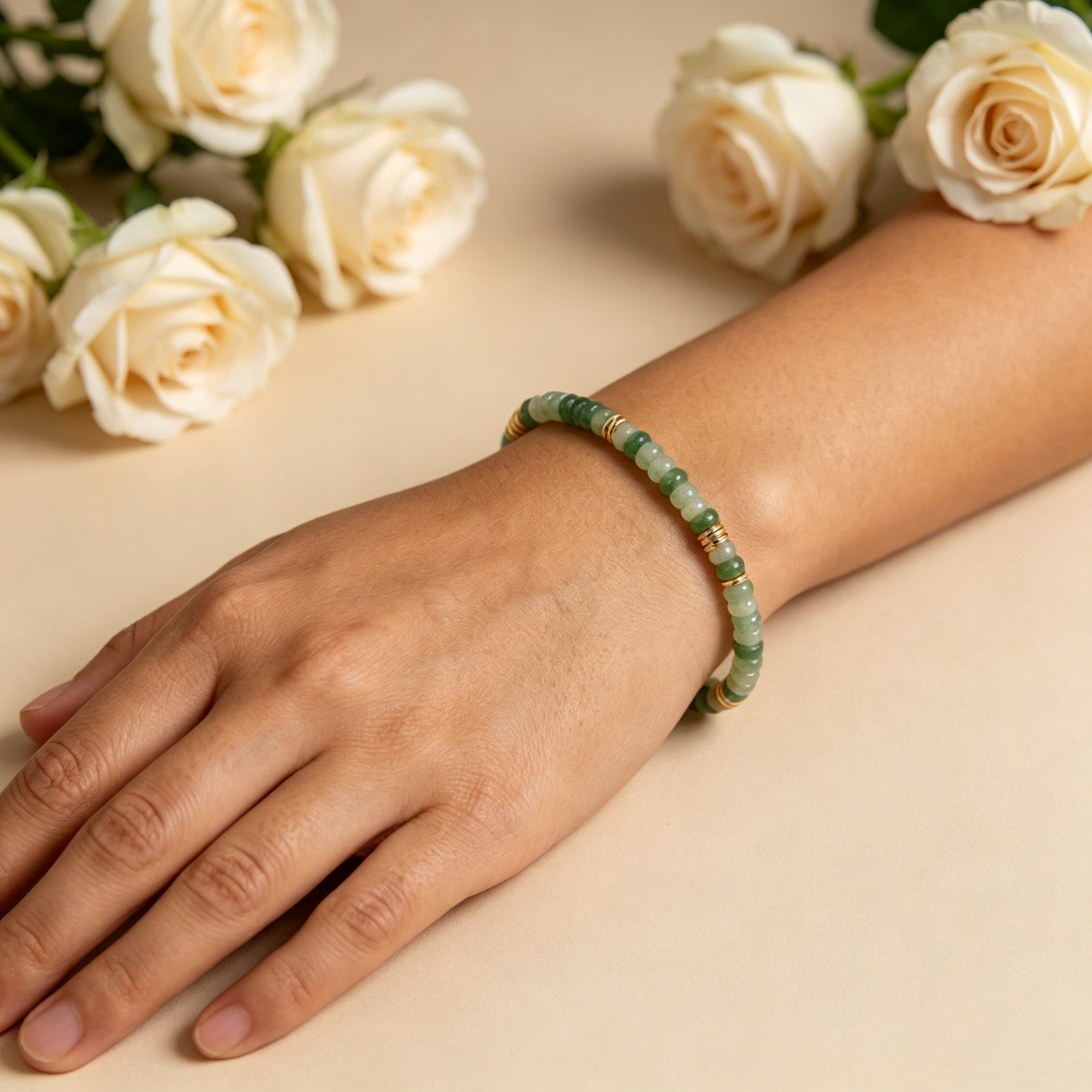Green Aventurine Stretch Beaded Bracelet |Luck Dainty Gold Accent Women Jewelry