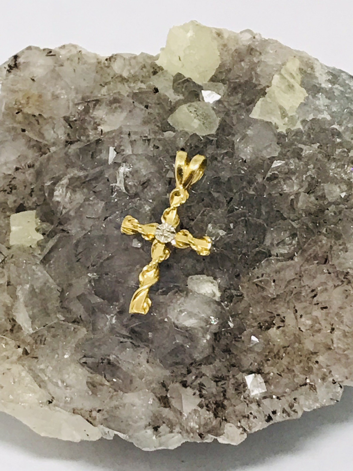 14K Yellow Gold Cross Pendant And White Gold Accent Diamond Chip Accented Center