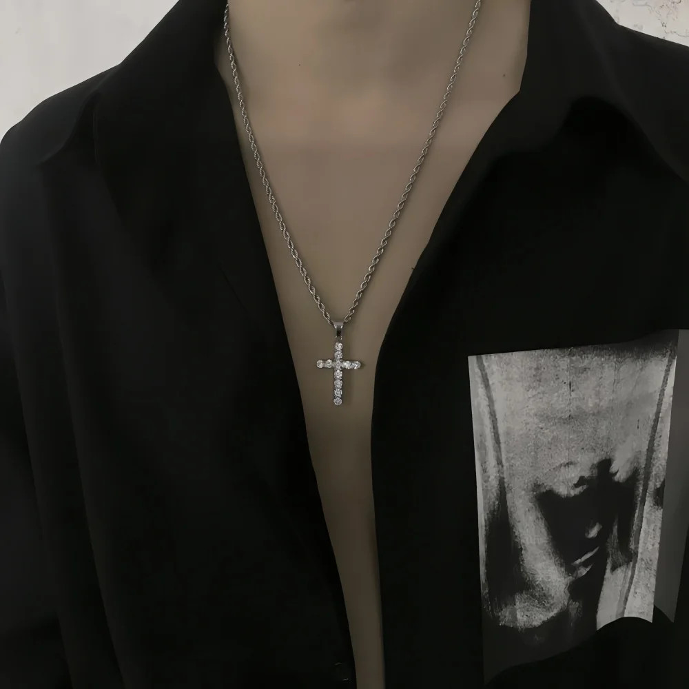 Hip Hop Stainless Steel Zircon Cross Pendant Necklace Retro Men Twist Chain Neck
