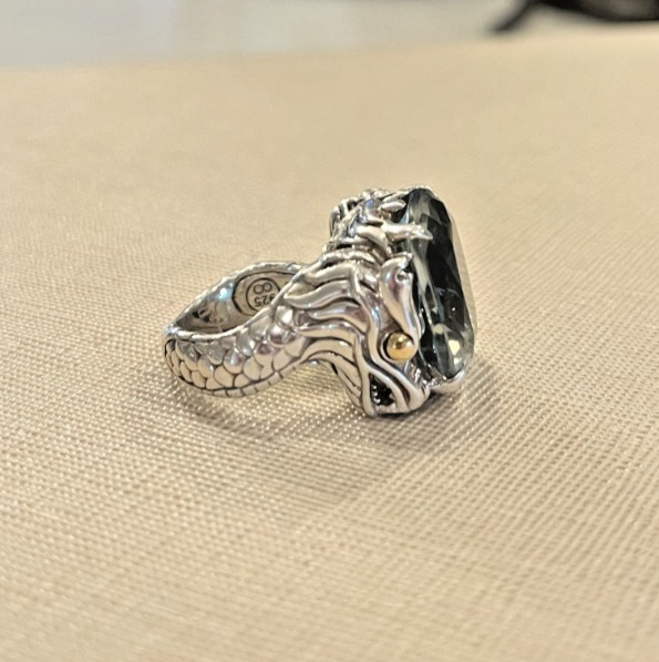 John Hardy NAGA 18kt Gold and .925 Silver, Green Amethyst Ring, SZ 5