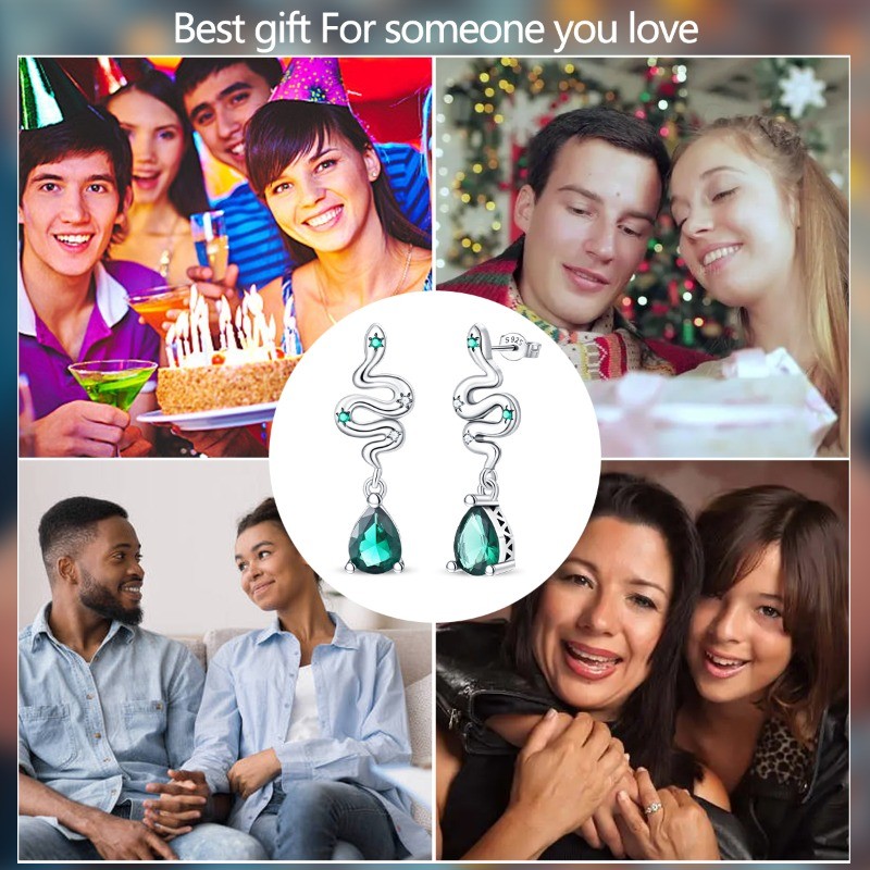 PANDACH Fashion Women 925 Sterling Silver Snake Stud Earrings with Green CZ Drop