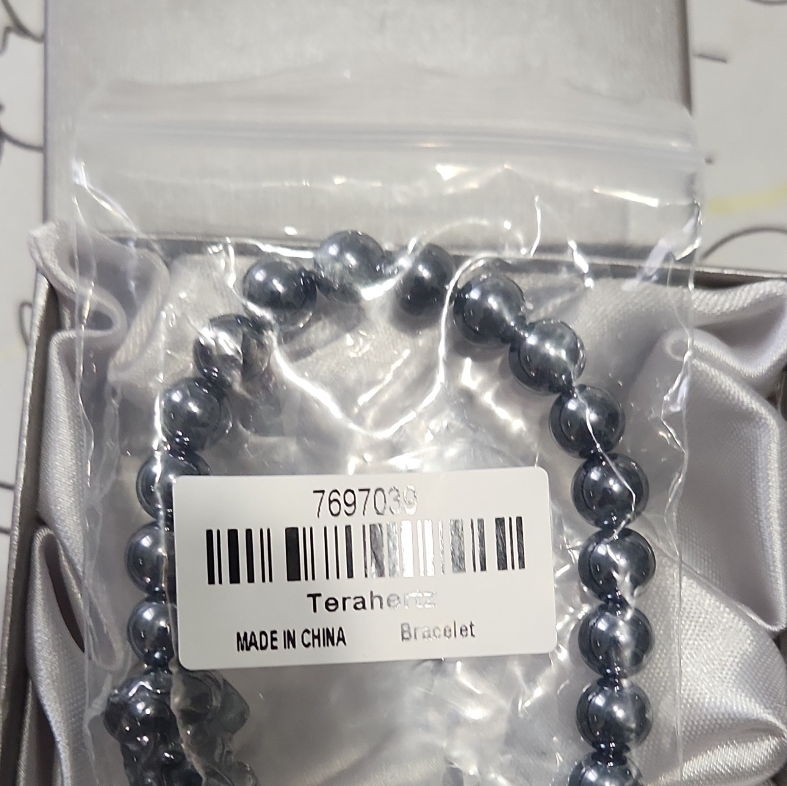 TeraHerz Silver Tone Hematite Round Beaded Stretch Charm Bracelet No Clasp