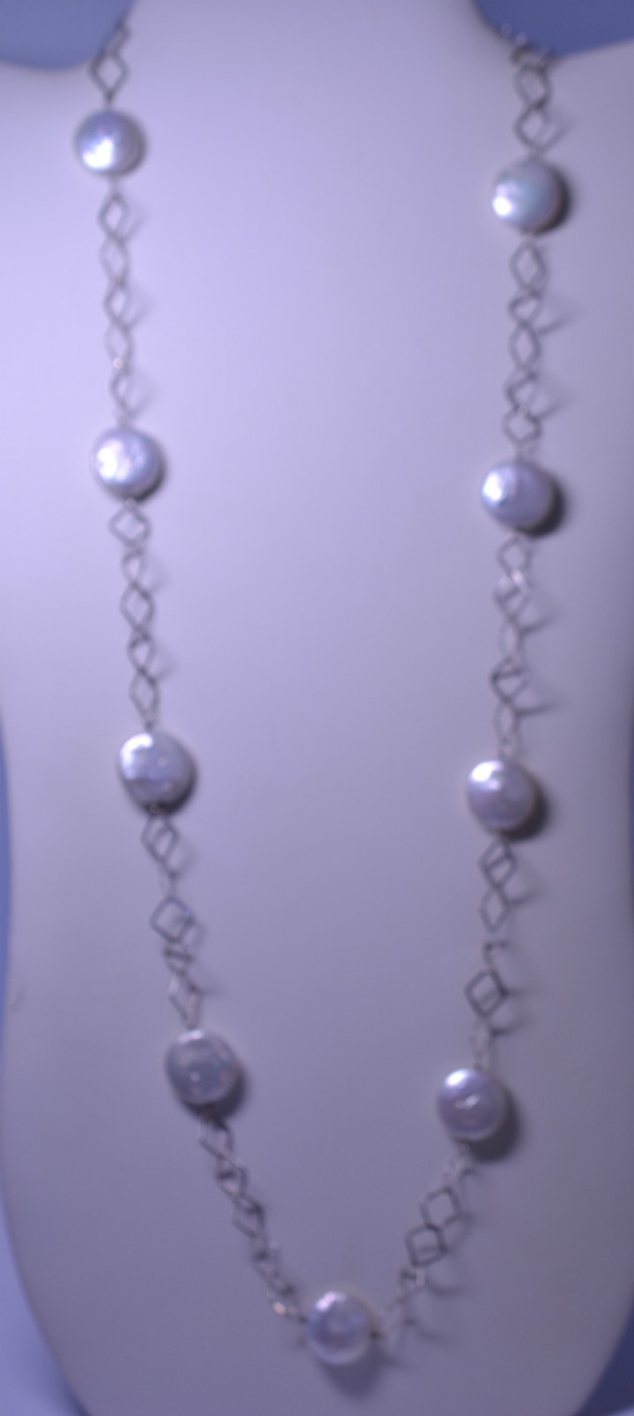 STERLING SILVER 30 IN. LONG OPEN LINK & LARGE 5/8 IN. WHITE COIN PEARL NECKLACE