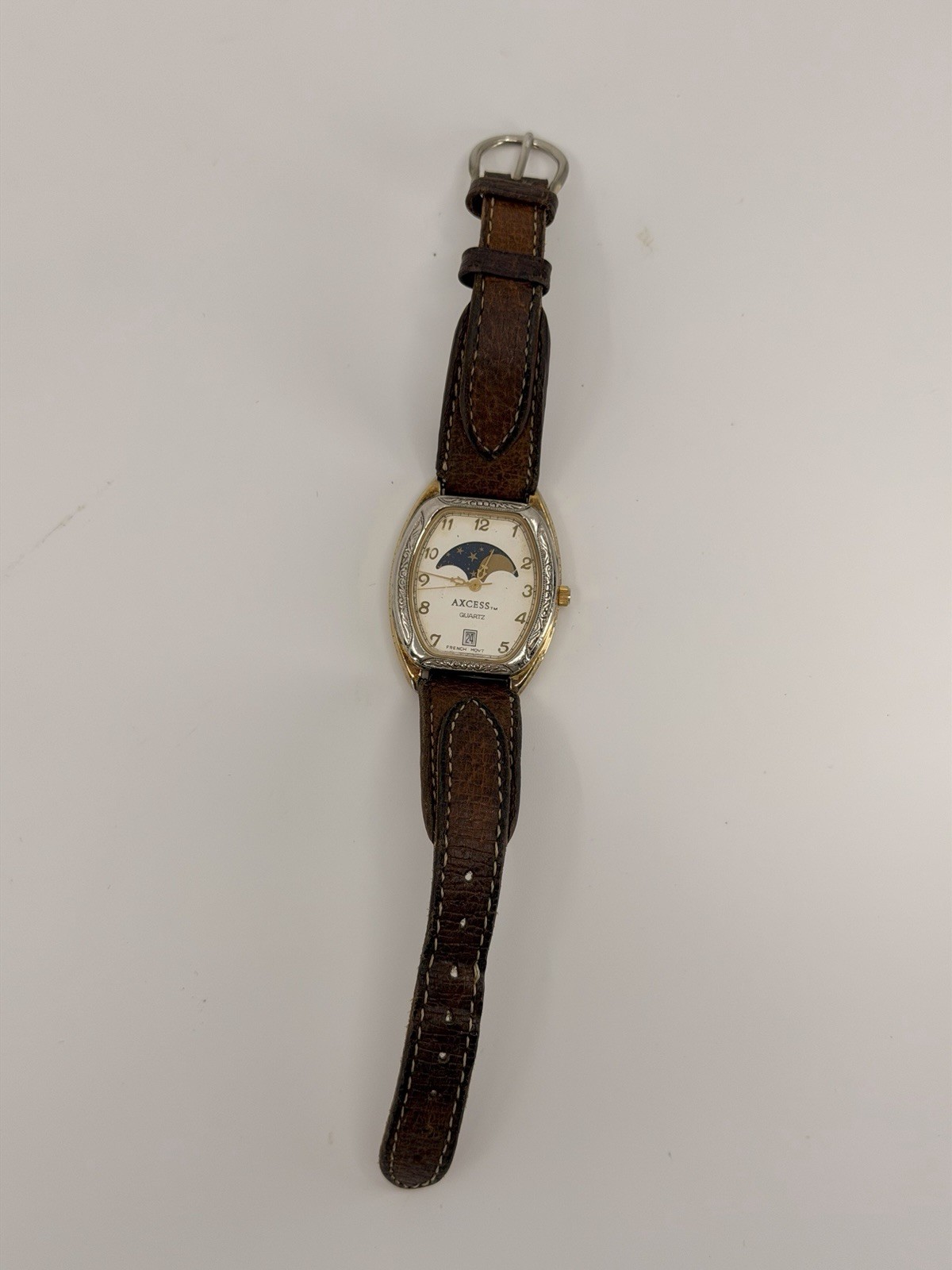 Vintage AXCESS Moon Phase Quartz Watch French Movt Date Western Leather Band