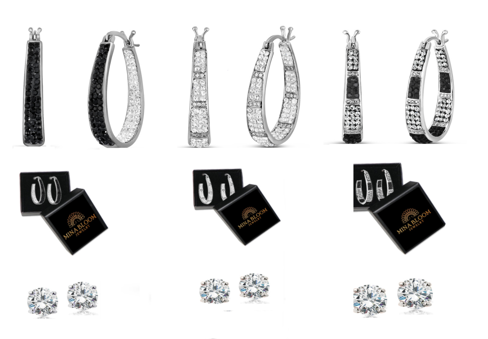 18K White Gold Plated White and Black Crytsal Inside out Hoop Earrings For Women