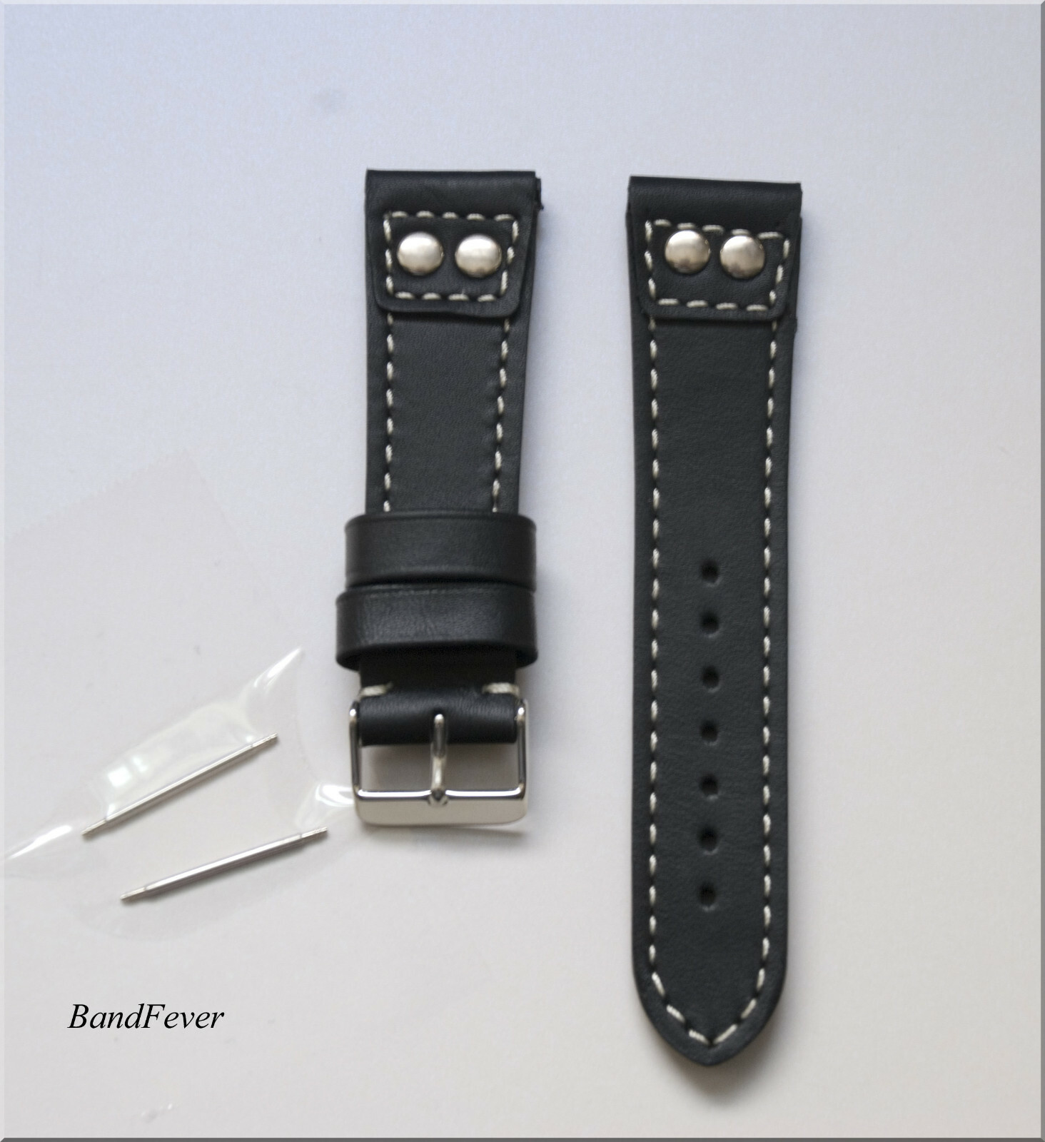 22MM Black Aviator Pilot with 2 SOLID Stainless Genuine Leather watch band strap