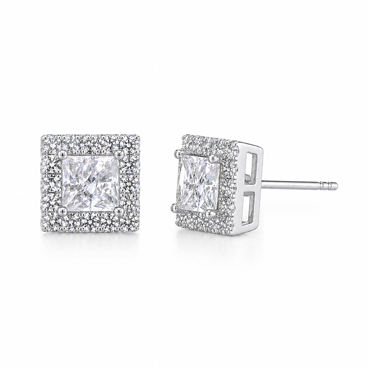 2.52 cttw Natural Diamond Princess Cut Halo Stud Earrings Solid 18K White