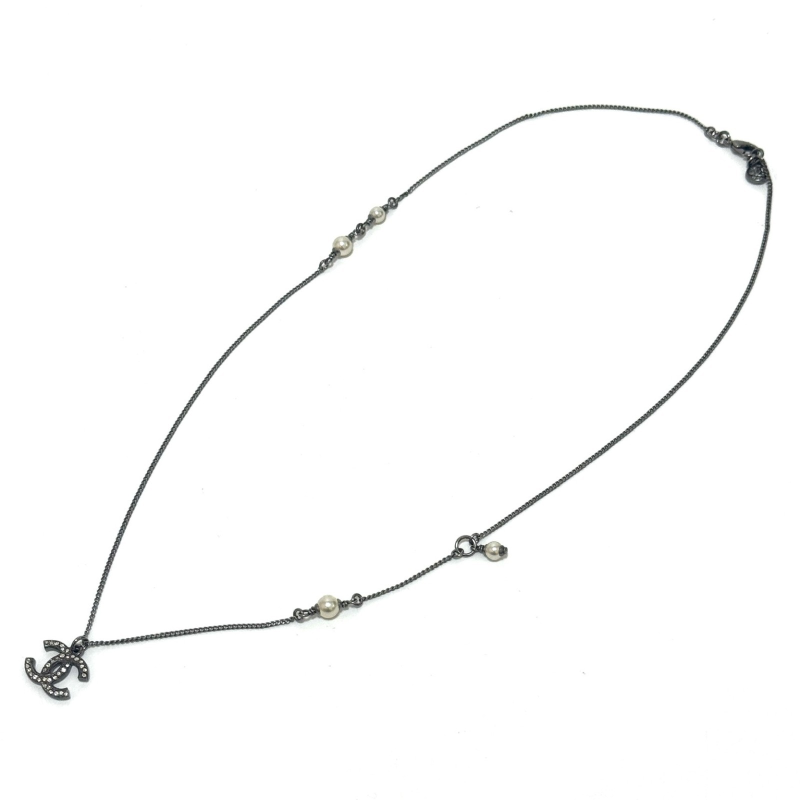 CHANEL A17S CC COCO Necklace Silver Rhinestone ImitationPearl Authentic JAPAN