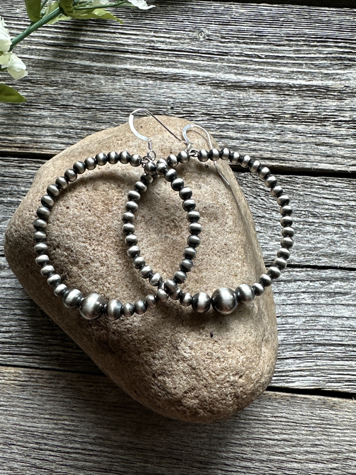 Sterling Silver Oxidized Pearls Bead Hoop Earrings. 2.6 Inch