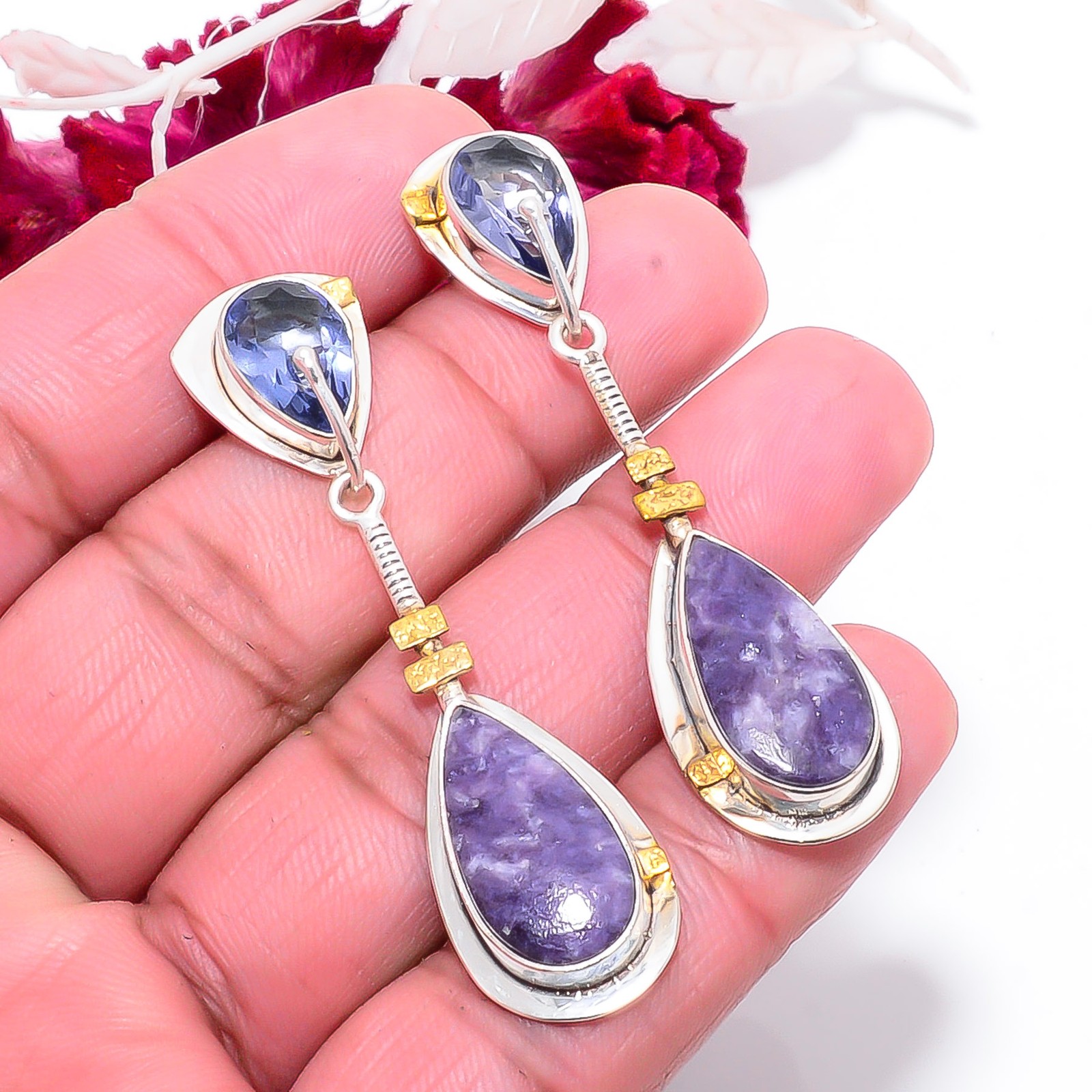 Lepidolite – San Diego & Iolite 925 Sterling Silver Two Tone Earring 2.34″ E8392