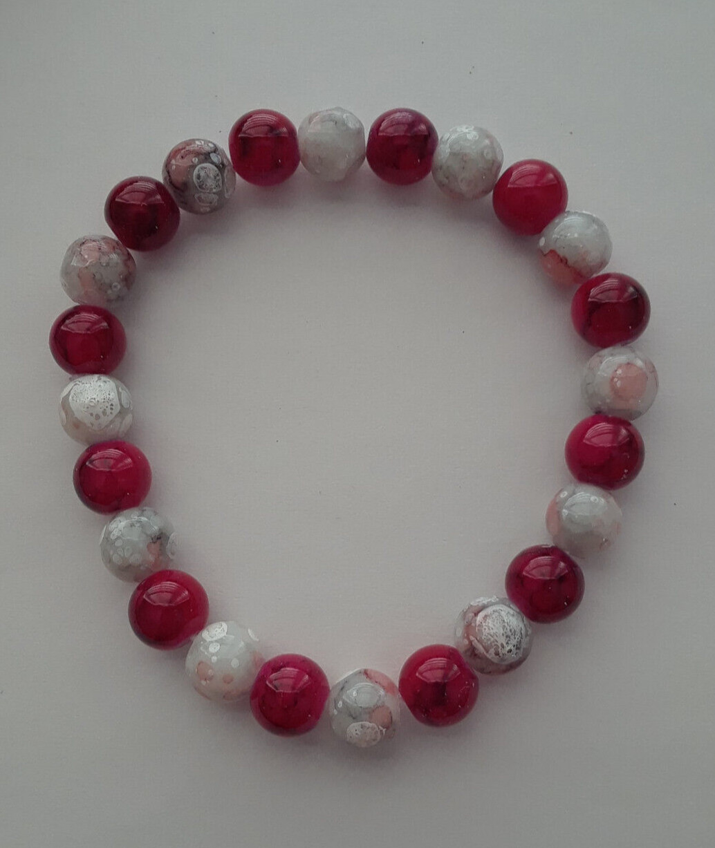 NEW 8MM GRAY/RED MARBLED GLASS BRACELET, BUY ANY 2 GET 3RD FREE