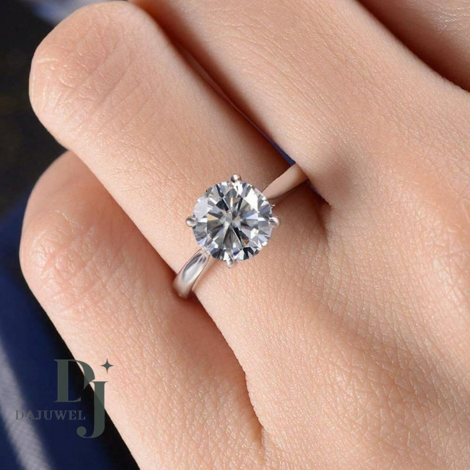 Solid 14K White Gold Moissanite Solitaire Engagement Ring 2 CT Round Cut F/VVS1