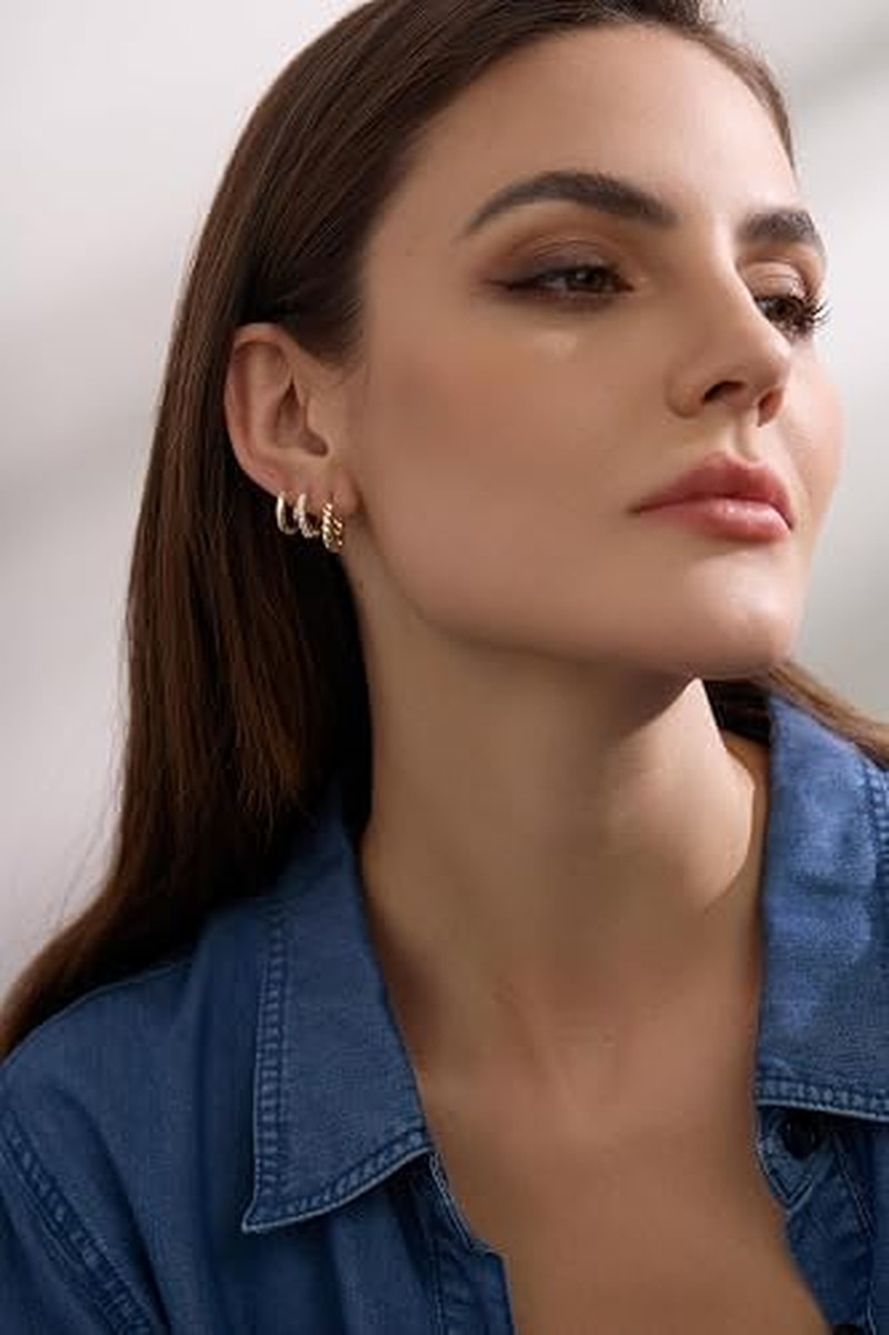 3 Pairs Small Huggie Hoop Earrings Set 14K Gold Hypoallergenic Lightweight Huggi