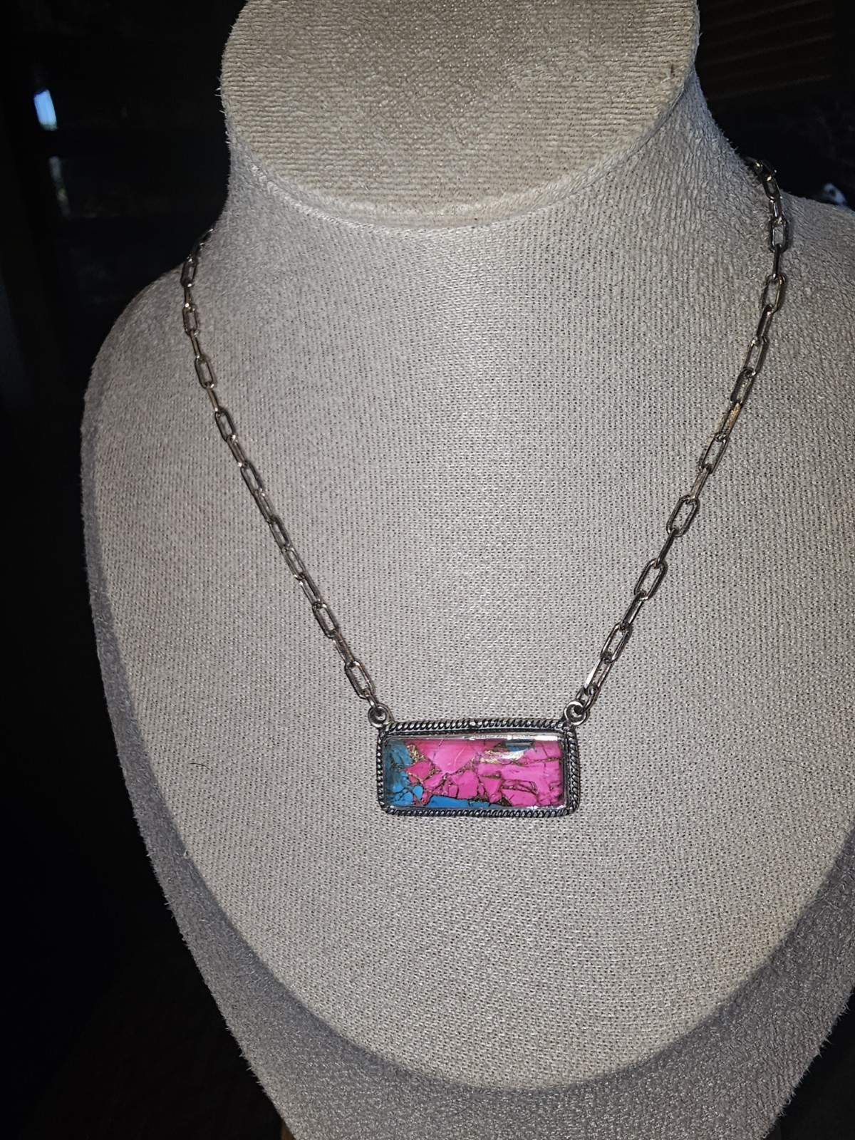 Native American Sterling Silver Cotton Candy Turquoise Paperclip Necklace 12.6g