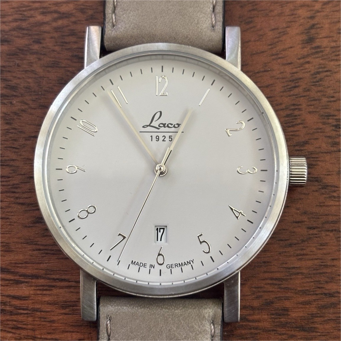 Laco Cottbus 40 Automatic 40mm Silver Dial Beige Leather Strap 50m Box Papers