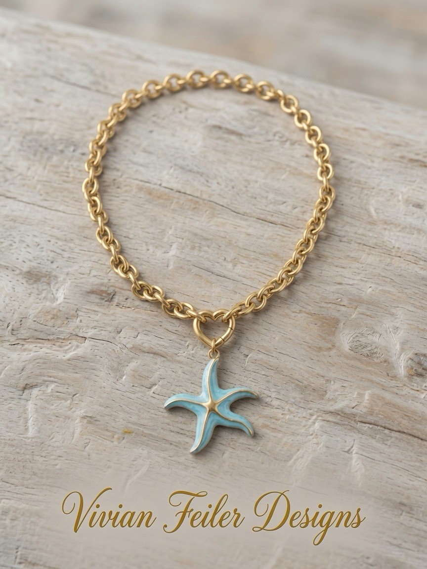 Starfish Necklace Choker Gold Light Blue Enamel Stainless Steel Beach Summer