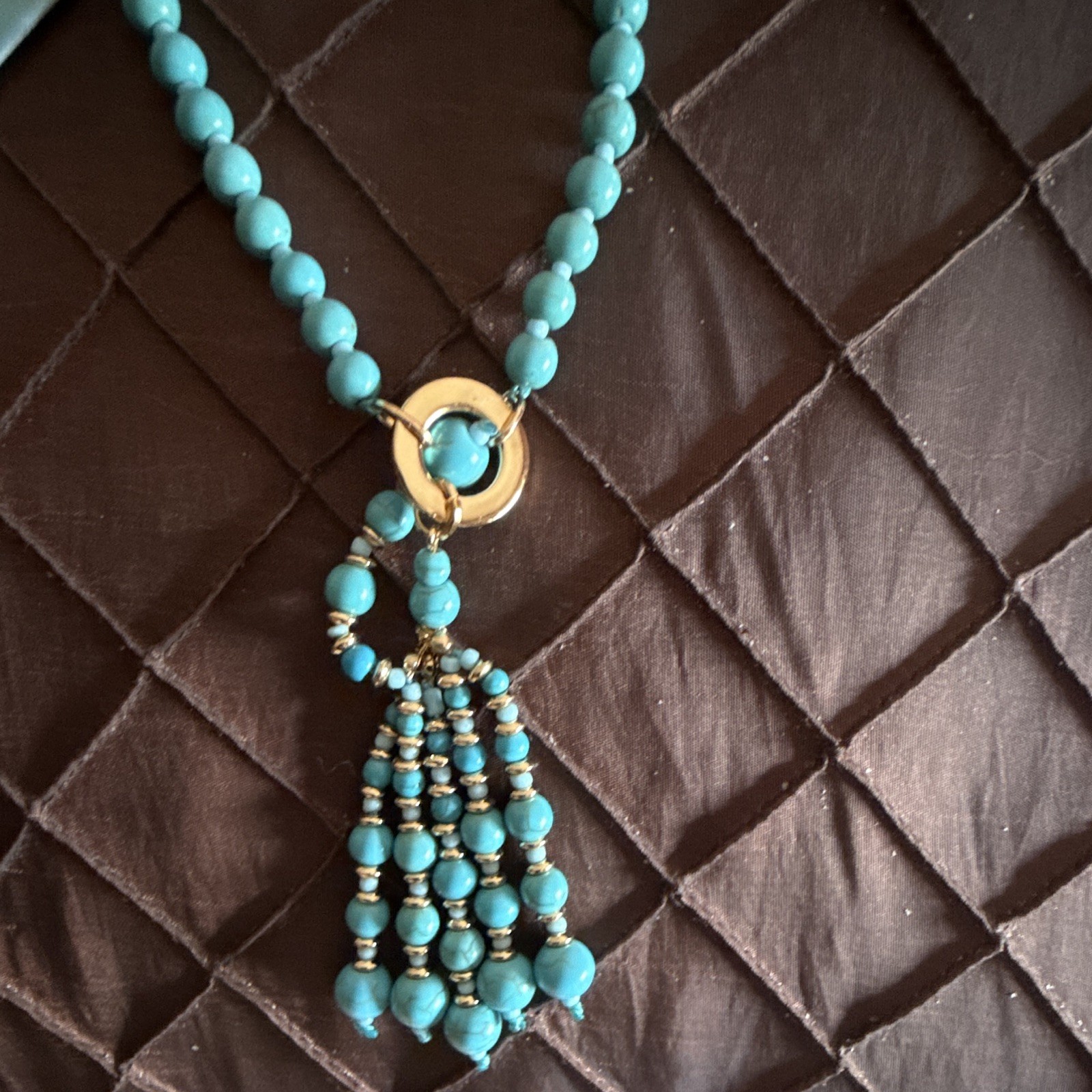 Turquoise Beaded Necklace Gold-Tone Tassel Pendant Adjustable Lobster Clasp