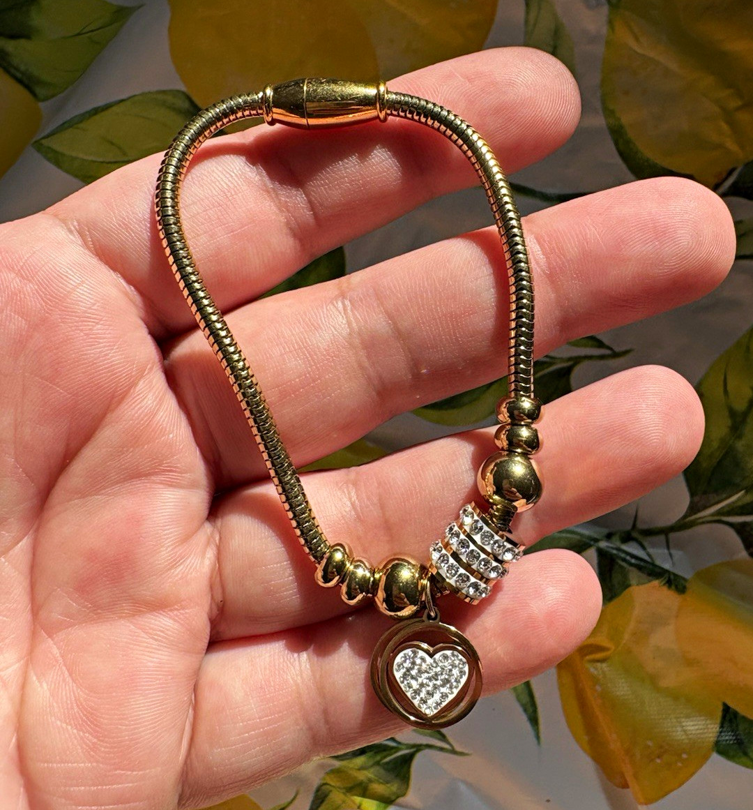 Gold Tone Snake Chain Slide Charm Bracelet Heart Dangle Clear Pavé Crystals