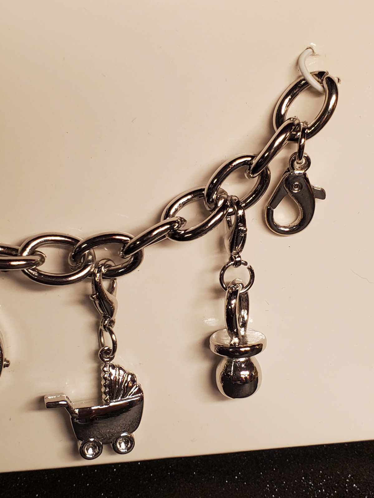 Ashley Large Silver Tone Link Charm Bracelet w/ Watch Baby Theme Shower Gift