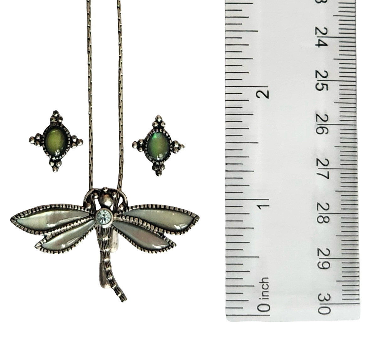 VINTAGE SIGNED 1928 JEWELRY DRAGONFLY SLIDER NECKLACE & BONUS EARRINGS!