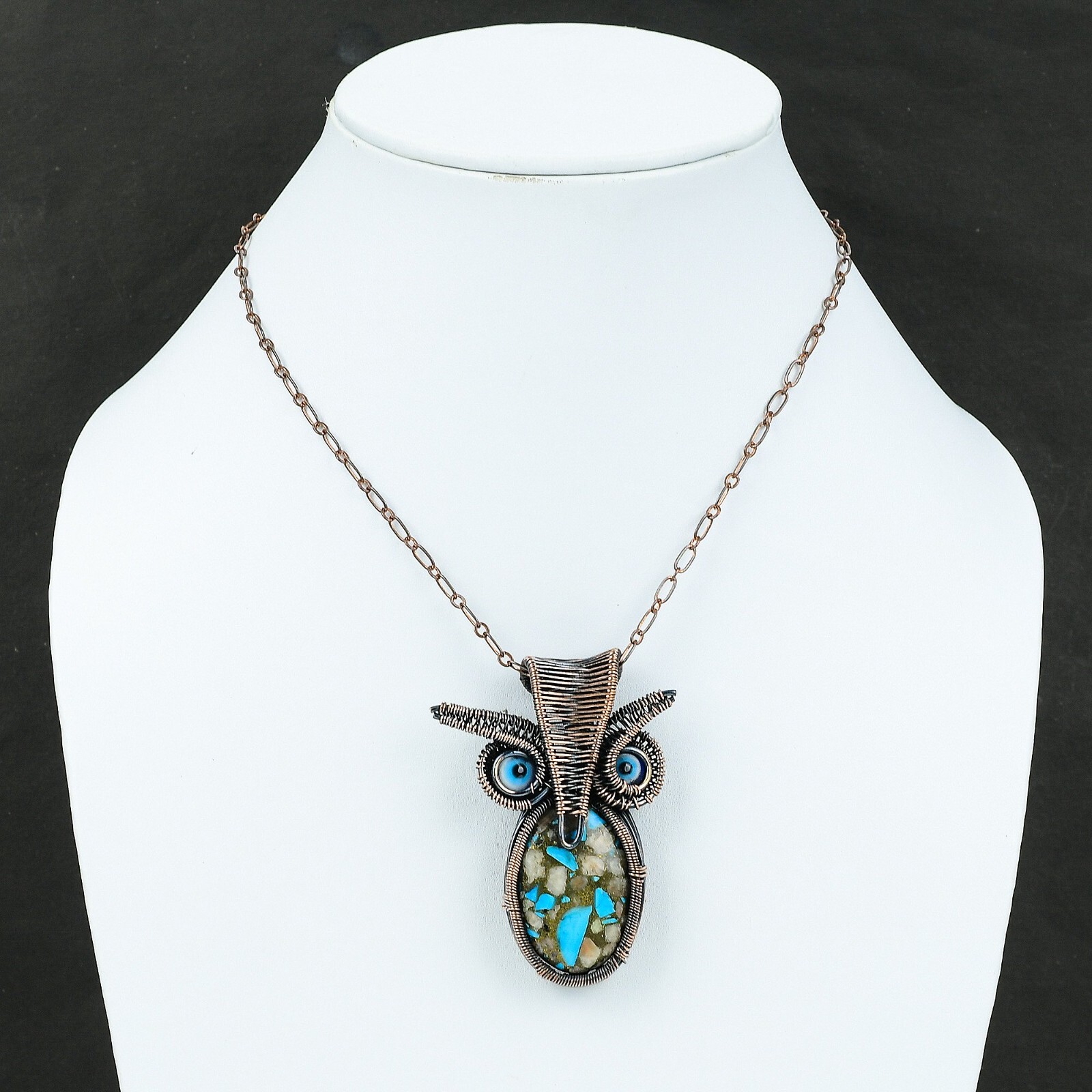 Pink Opal Turquoise Copper Gift For Briedsmaid Wire Wrapped Owl Pendant 2.6″