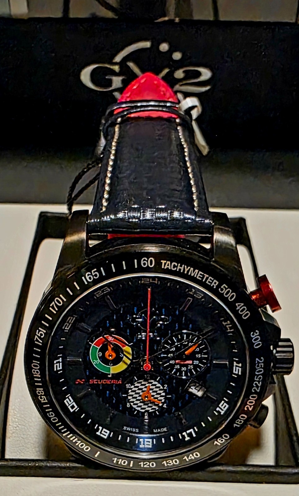 GEVRIL SCUDERIA SWISS MADE ⌚ TACHOMETER SAPPHIRE CRYSTAL CARBON FIBER BLUE ALARM