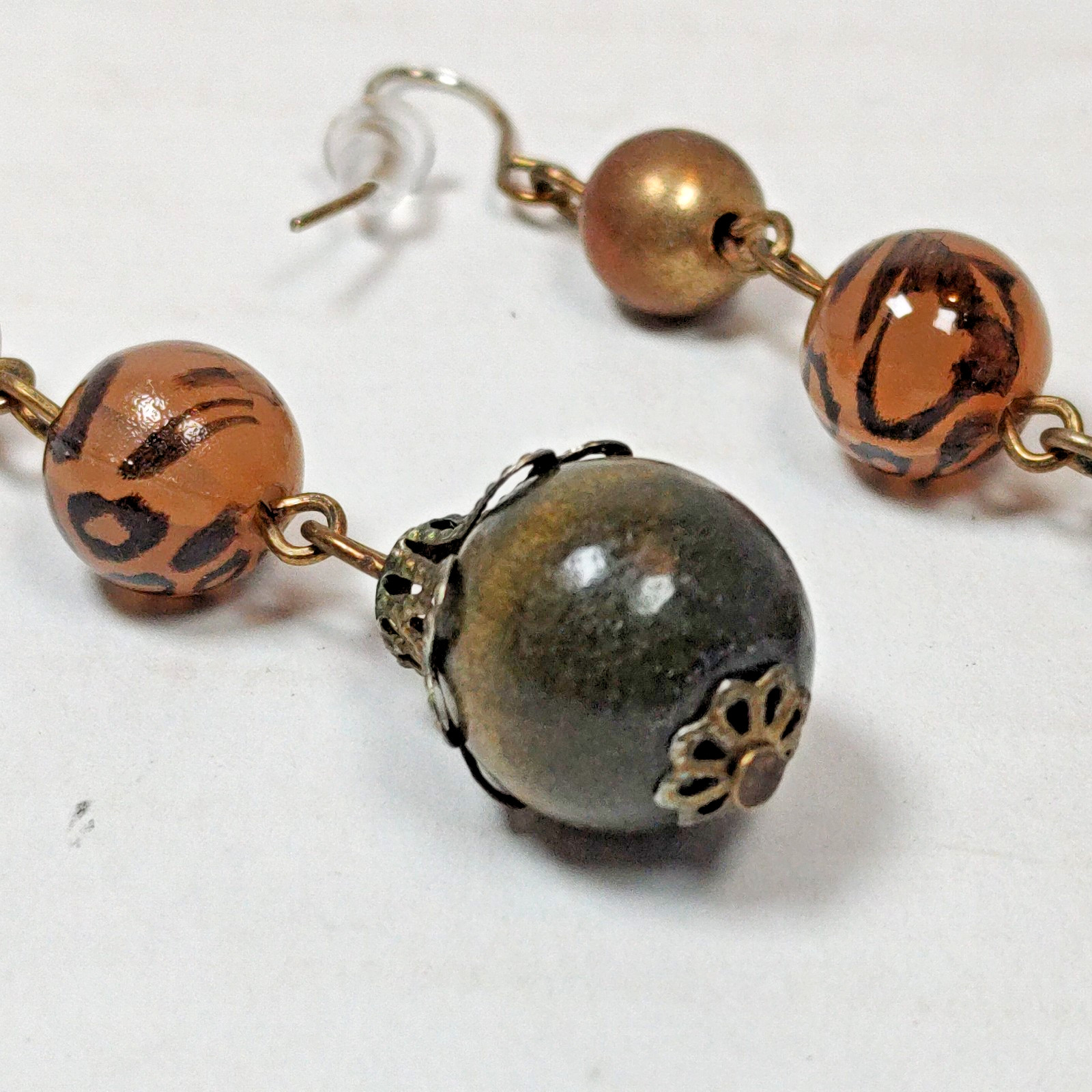 VTG Style Bronze Tone Metal Earth Tone Beaded Dangle Drop Hook Fashion Earrings