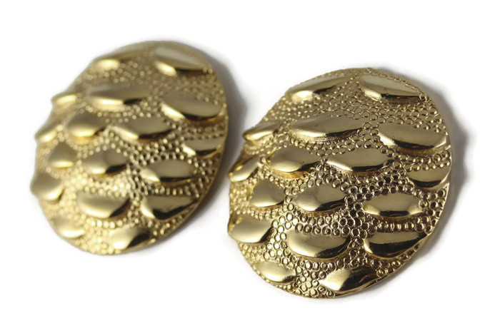 Vtg PARK LANE Earrings Pierced Post Gold Tone Textured Round Disc Button 1 3/8″