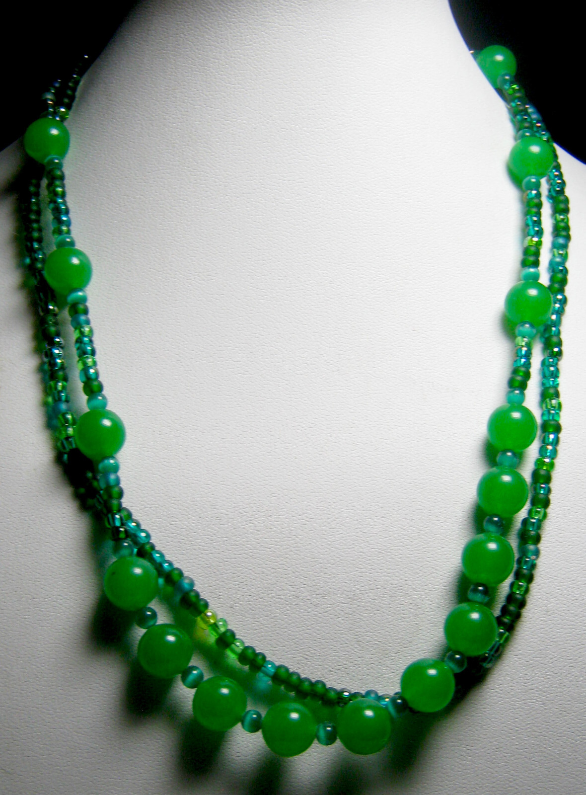 19 1/2″ Green Beaded Necklace Two Strands – One Uranium Glass, One Seed Beads