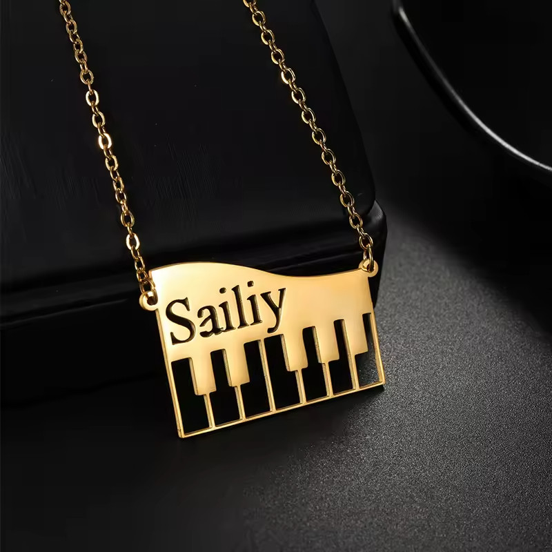 Custom Name Hollow Letters Pendant Necklace Piano Music Instrument Gold Silver