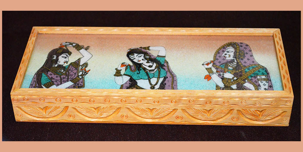 Designer carved wooden jewelry box with gem stone painting on top from India!