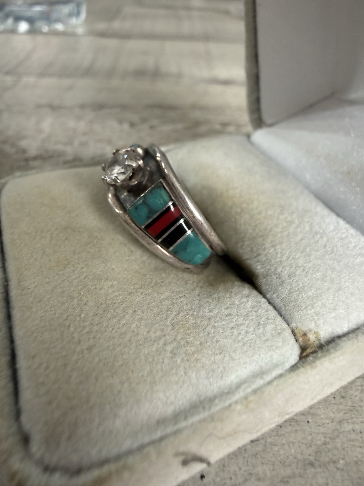 Sterling Silver 925 Turquoise & Rhinestone Southwestern Style Ring Sz 5.75 #3630