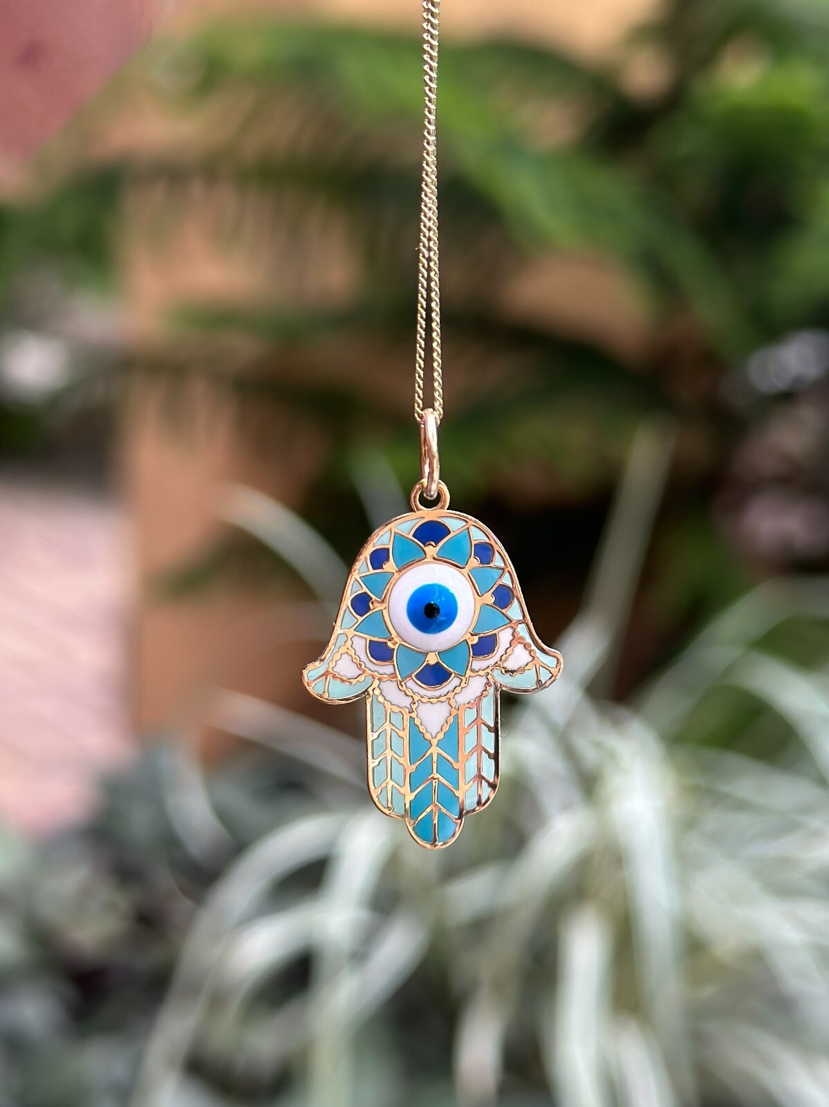 14K Solid Gold Pendant Necklace Chain Hand-Painted Evil Eye Inside Hamsa Hand