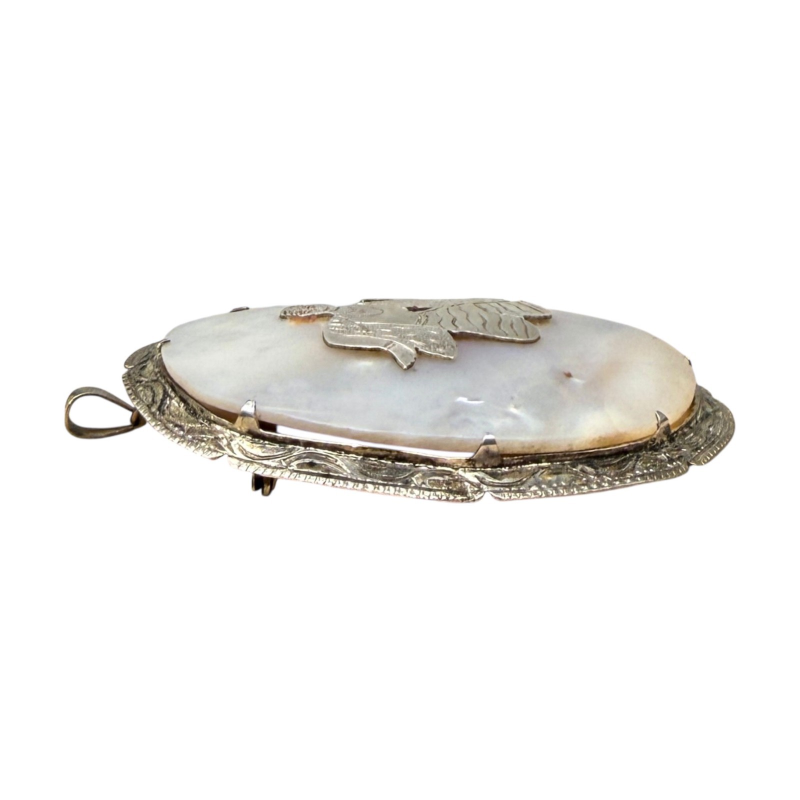 Estate 1960s Siam Sterling Silver Mother Pearl Goddess Mekkala Pendant / Brooch