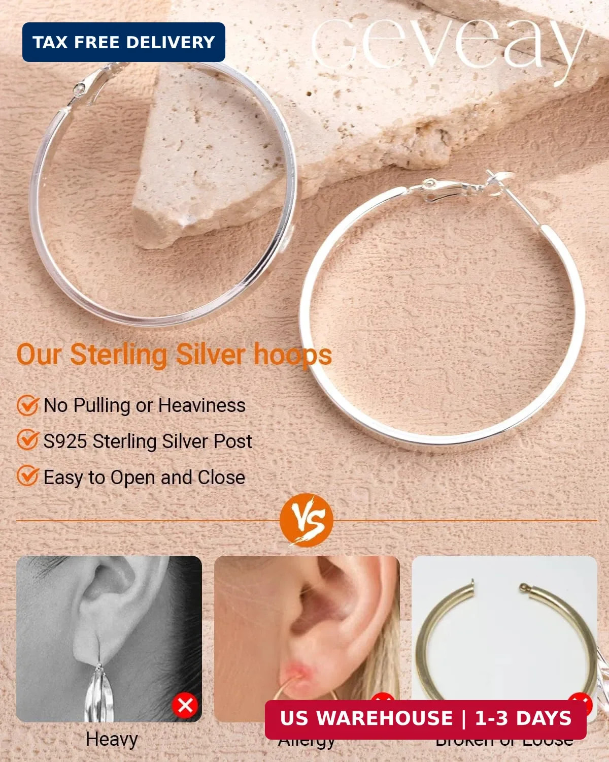 S925 Sterling Silver Post Hoop Earrings for Women Large Lightweight Silver Hoop
